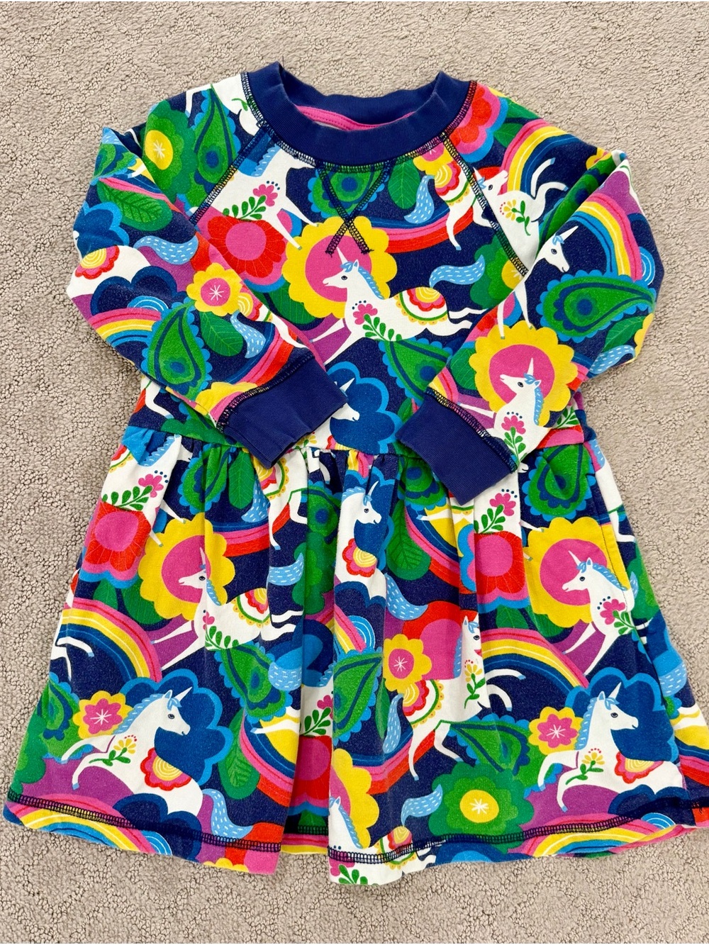Mini Biden Girls Navy Rainbow Unicorn sweat shirt Long-Sleeve Dress size 4-5